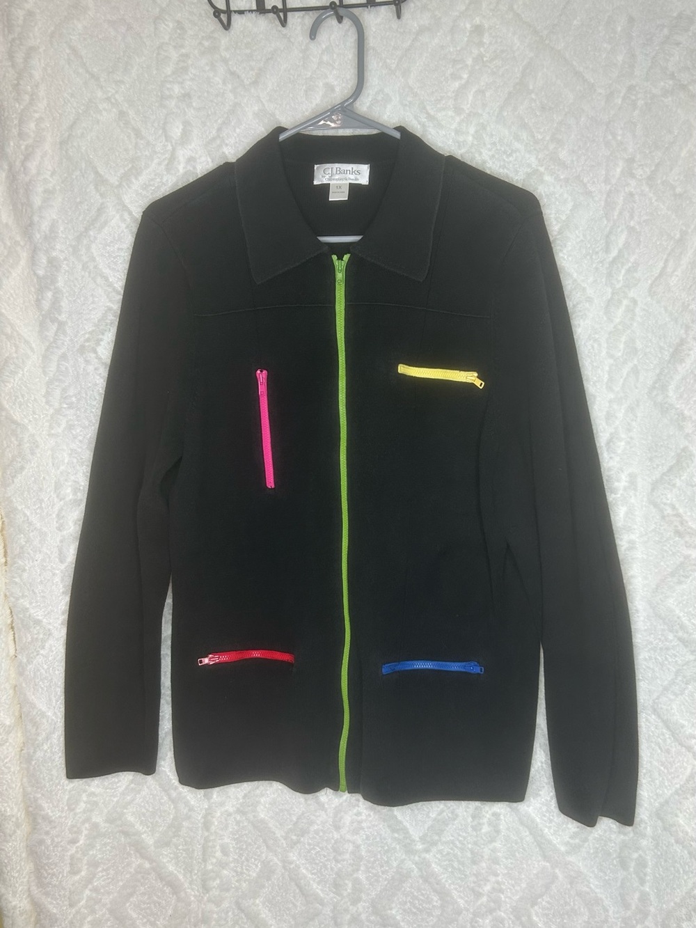 CJ Banks Black Jacket with Neon Green Center and Multicolor Pocket Zippers